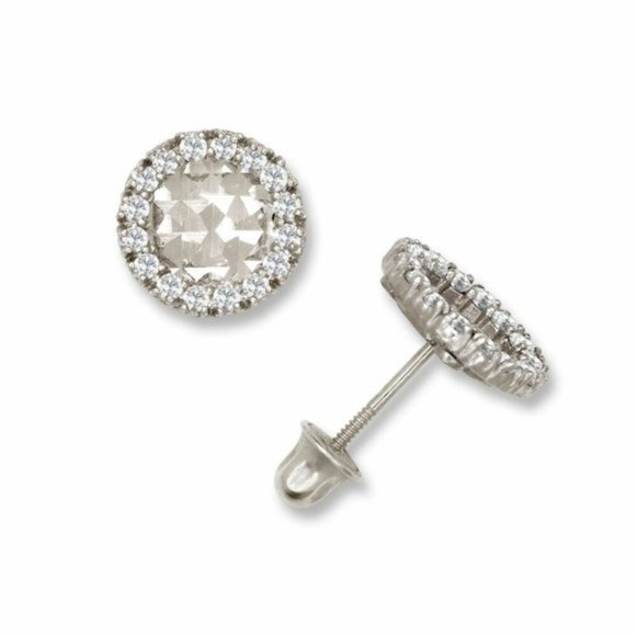 14K Solid White Gold Halo Screw Back Earrings Set With Stones Size 7.5mm